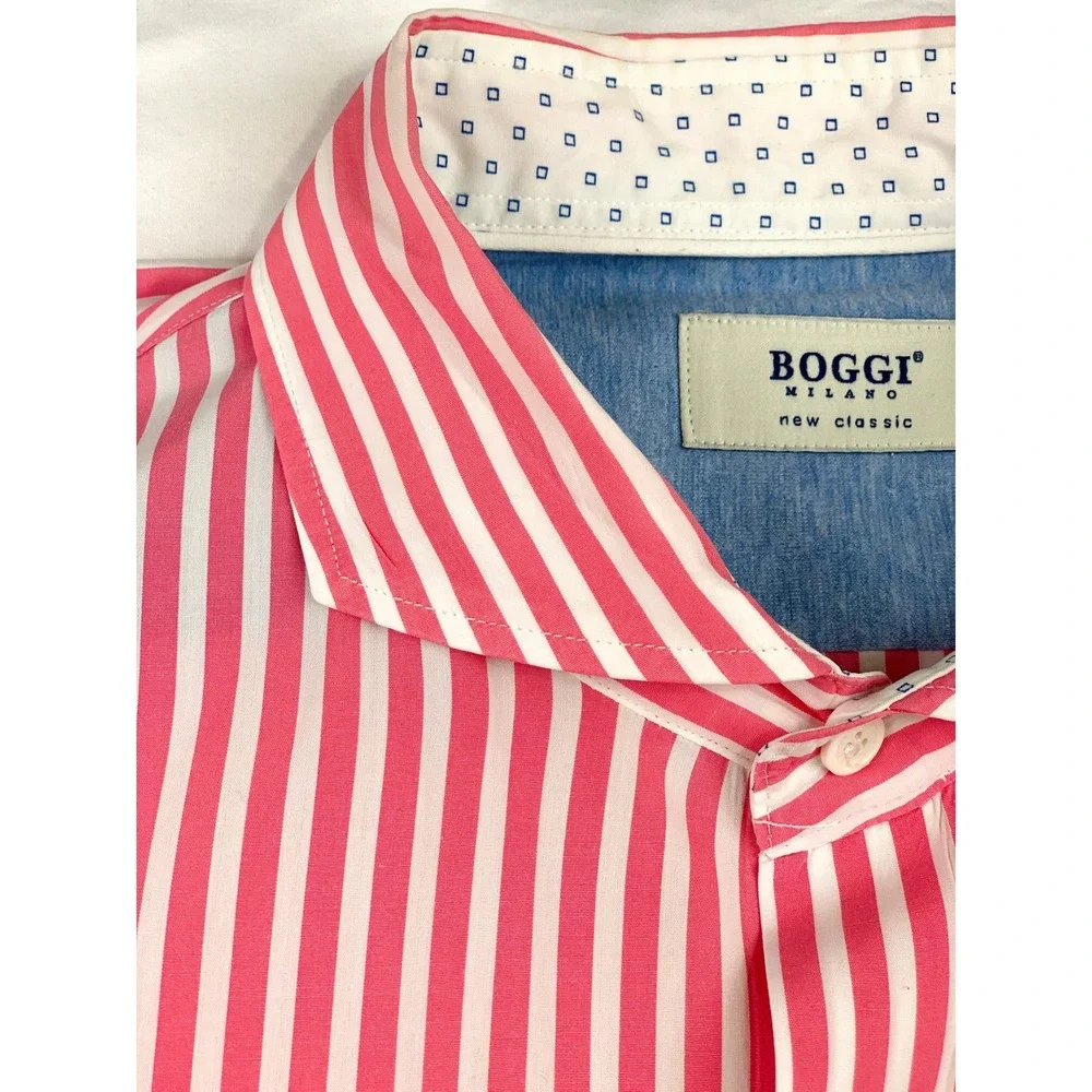 Boggi Milano Mens Pink White Striped Spread Collar Button Down New Classic Shirt